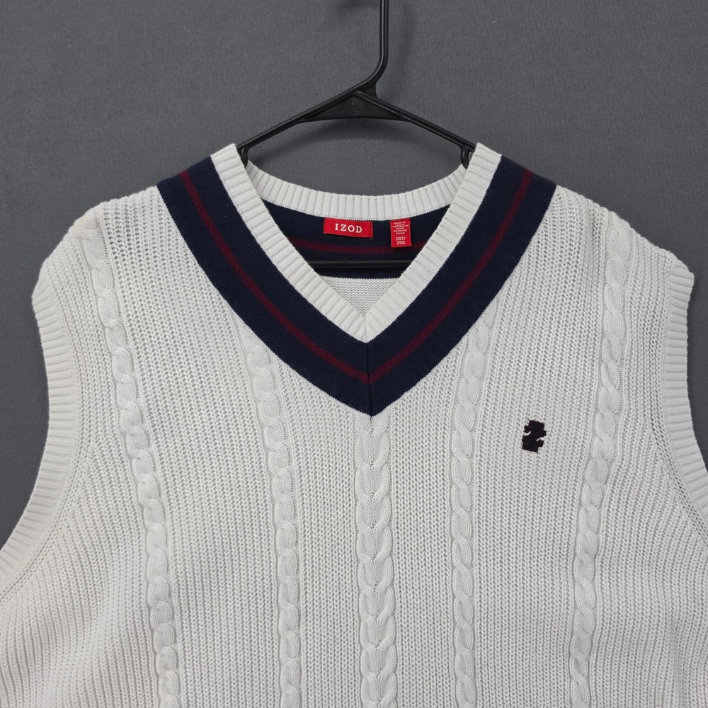 Izod Mens 2XLT White Cable Knit V-Neck Sweater Vest Striped Trim Cotton
